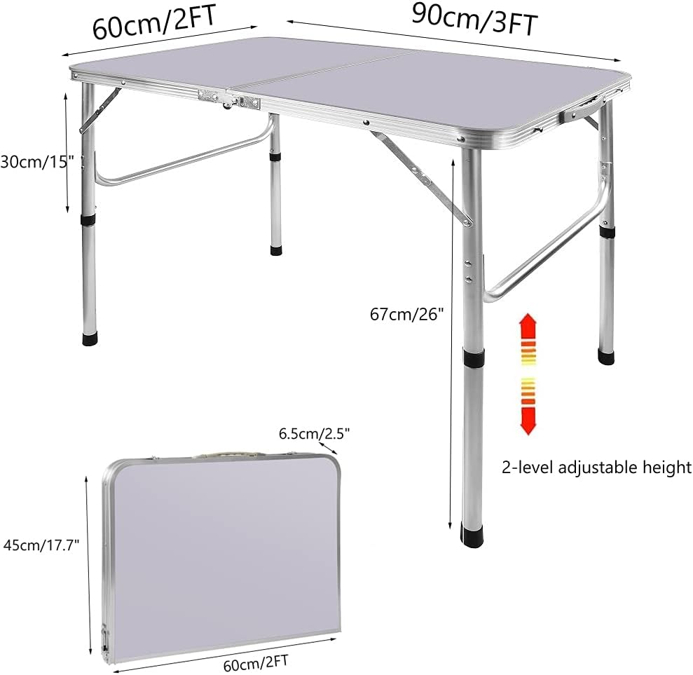 Heavy Duty Foldable Aluminium Table with Adjustable Height - 3 Feet Lightweight 90x60x37/67cm - Homes Must Haves