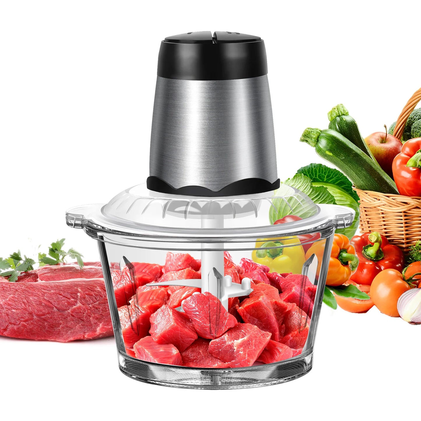 Electric Food Chopper & Processor (2L) – 2-Speed Vegetable, Meat, and Mixer Grinder - Homes Must Haves