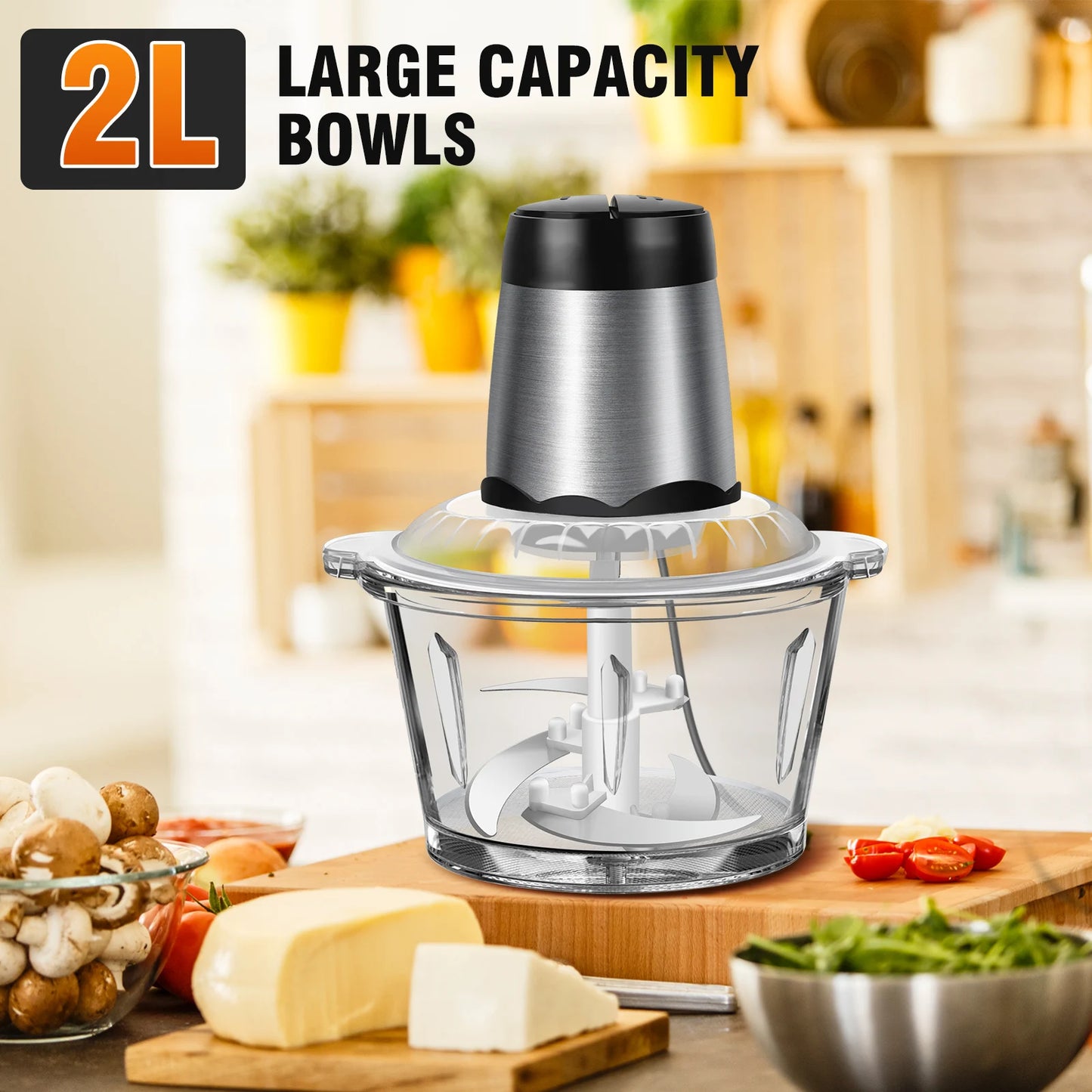 Electric Food Chopper & Processor (2L) – 2-Speed Vegetable, Meat, and Mixer Grinder - Homes Must Haves