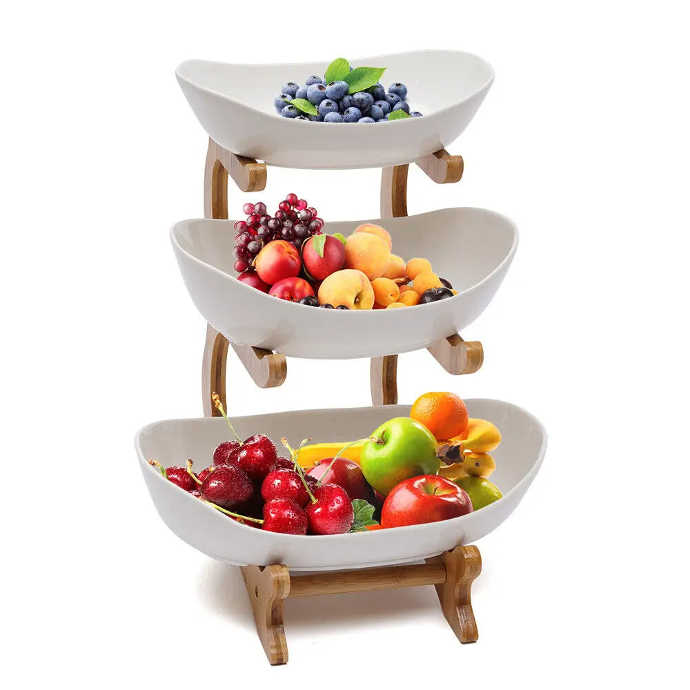 3 Tier Decorative Ceramic Fruit Tray with Wooden Stand - Homes Must Haves