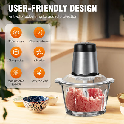 Electric Food Chopper & Processor (2L) – 2-Speed Vegetable, Meat, and Mixer Grinder - Homes Must Haves