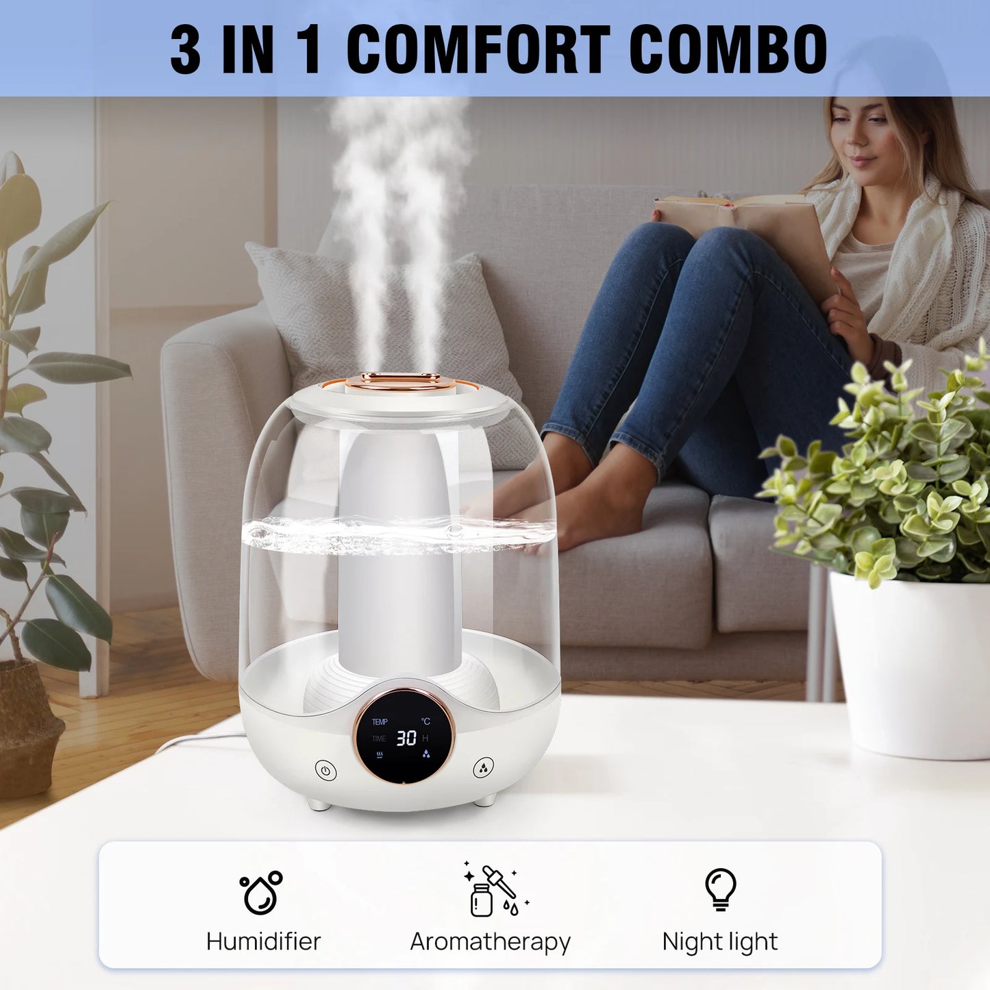 3-in-1 Cool Mist Humidifier, 3L Quiet Operation for Bedroom, Home, and Plants - Homes Must Haves