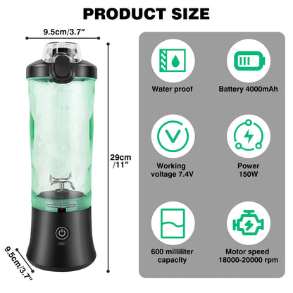 600ml Portable Mini Blender – USB Rechargeable, Travel Smoothie Maker, Ice-Crushing Power - Homes Must Haves