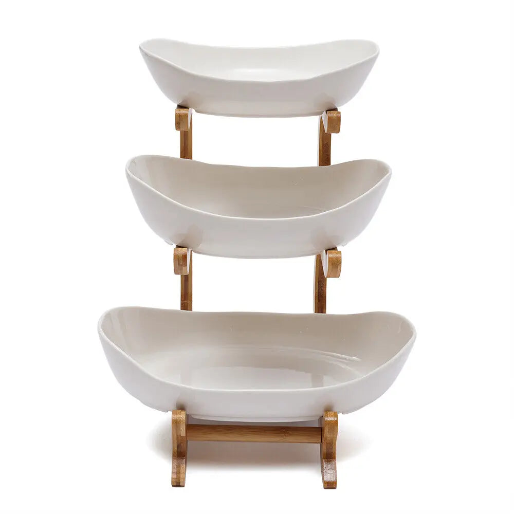 3 Tier Decorative Ceramic Fruit Tray with Wooden Stand - Homes Must Haves