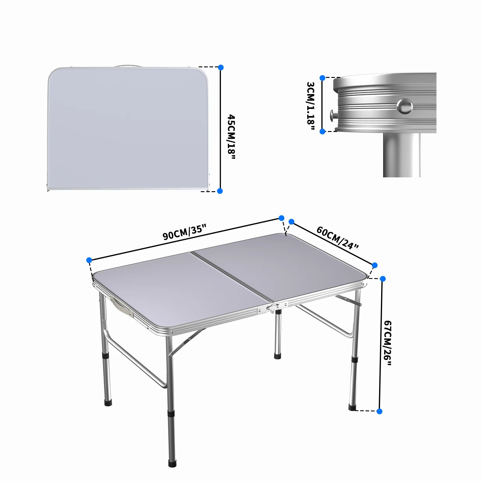 Heavy Duty Foldable Aluminium Table with Adjustable Height - 3 Feet Lightweight 90x60x37/67cm - Homes Must Haves