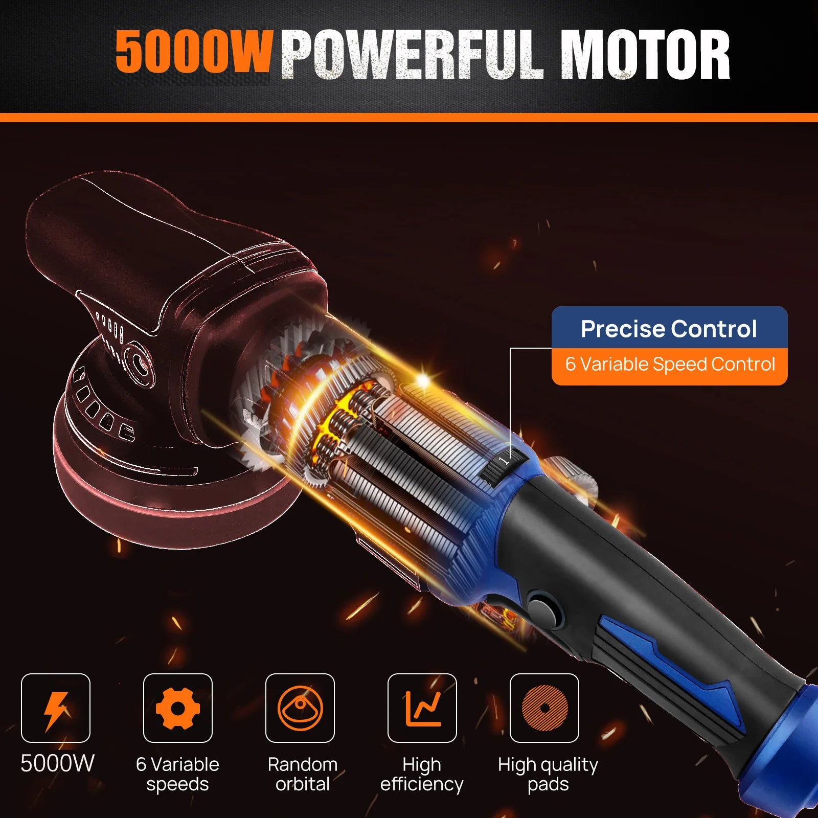 Dual Action Orbital Car Polisher, Car Buffer Polisher 6 Variable Speed - 5000W - Homes Must Haves